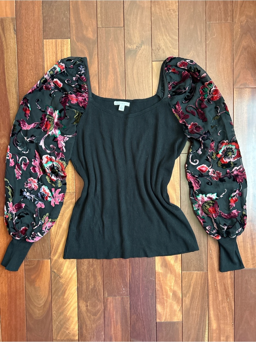 Cato Black Ribbed Top with Sheer Floral Puff Sleeves